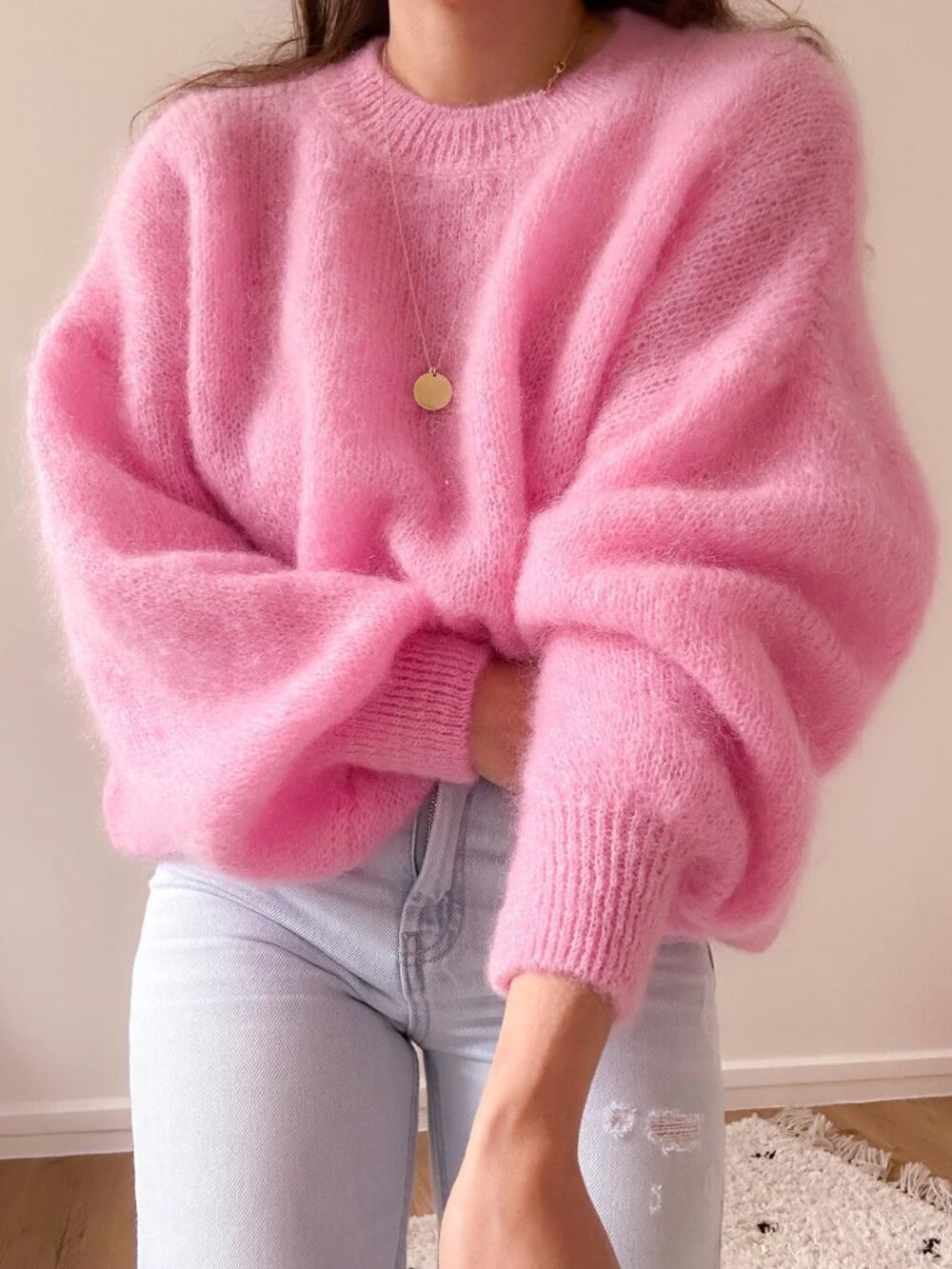 Pink Casual Women's Loose Round Neck Drop Shoulder Pullover Sweater